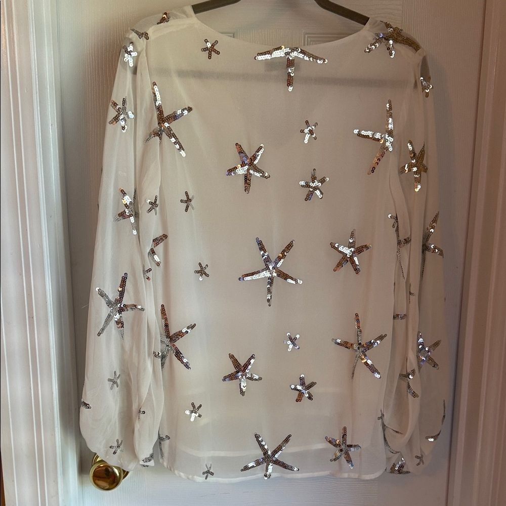 Anthropologie Cream Sequin Starfish Blouse sheer arms - Picture 4 of 5